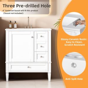 Mobile Bagno Moderno da 30 Pollici con 3 Cassetti, Lavabo in Ceramica Grigia, Struttura in Legno Massello e Armadietto Contenitore per Bagni Moderni - Product Image 6