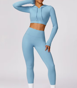 Custom Women Solid Hip Lifting <b>Workout</b> Pants Lightweight Hooded <b>Long</b> <b>Sleeve</b> Seamless Gym Crop <b>Tops</b> Set High Elastic OEM Service - Product Image 5