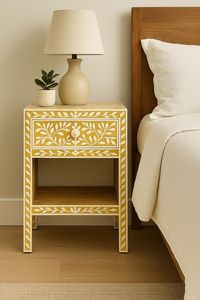 Mesa de Noche con Incrustaciones de Hueso Personalizadas, con Amplio Cajón, Acabado Elegante y Atractivo Estilo Contemporáneo para Decoración del Hogar - Product Image 4