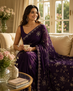 CHOHAN TEXTILE Indian <b>Purple</b> Silk <b>Saree</b> Intricate Gold Embroidery Bridal Wedding Wear Traditional Luxury Women Party Wear Saris - Product Image 5