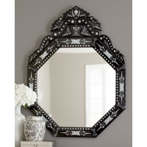 Miroir mural octogonal de style baroque vénitien de luxe avec cadre floral orné noir gravé | Miroir de style couronne antique pour la décoration intérieure - Product Image 1
