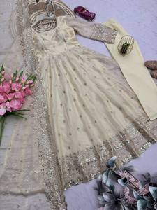 Ensemble Anarkali en coton brodé crème avec dupatta, tenue traditionnelle indienne et pakistanaise pour femmes, longueur au sol, pour mariage - Product Image 3
