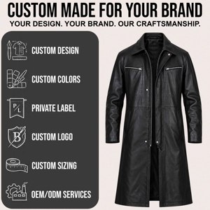 <b>Men's</b> <b>Black</b> Genuine Leather <b>Long</b> Trench <b>Coat</b> Full Zip Front Snap Button Closure Multi Pocket Winter Fashion Overcoat OEM - Product Image 6