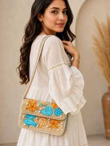 กระเป๋าถือทำมือจากอินเดีย ยี่ห้อ MS Handicraft รับรองคุณภาพ ประดับลูกปัดแก้วหลากสี ดีไซน์สั่งทำได้ พร้อมหูหิ้วแบบถือได้ เหมาะสำหรับใช้ในชีวิตประจำวัน - Product Image 6