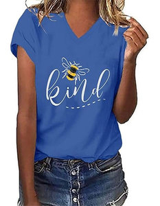 Women Crew Neck Short Sleeve <b>T</b>-<b>Shirt</b> Blue <b>Bee</b> Kind Print Casual Summer Top Cotton Jersey Regular Fit Anti-shrink Digital Printed - Product Image 4