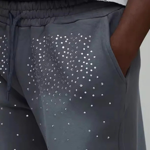 Pantalon de survêtement streetwear personnalisé avec strass, coupe oversize vintage, en molleton épais, délavé à l'acide, jambe droite, style baggy - Product Image 4