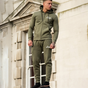 Men's Olive Green Hooded <b>Tracksuit</b> Full Zip Sweatshirt Jogger Set Solid Color Casual Wear Breathable Cotton Autumn Outfit - Product Image 2