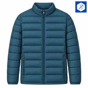 Veste matelassée bleue pour homme, col montant, fermeture éclair, coupe-vent, manteau d'hiver décontracté, coupe régulière, extérieur en polyester - Product Image 1