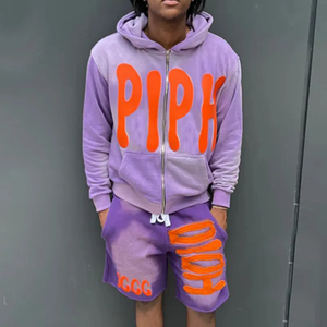Sudadera con capucha morada extragrande con cremallera para hombre, estilo urbano, de algodón y felpa, con estampado de letras naranjas, bolsillo frontal, estilo otoñal - Product Image 1