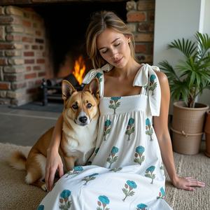 Robe Maxi à Fleurs avec Imprimé Tropical Bleu Vert Doux Flux Noeud Épaule Casual Coton Silhouette Jour à Soirée Porter - Product Image 1