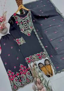 Exclusive Trendy Wedding Diwali Salwar Kameez Set Sequence Embroidery Stretchable Wrinkle-Free Top Plazzo Dupatta Roman <b>Silk</b> - Product Image 6