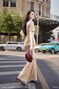 Women's Beige 2 Piece Suit <b>Set</b> Short Sleeve <b>Blazer</b> Flare Pants Elegant Office Wear Solid Color Crew Neck Button PANSY - Product Image 4