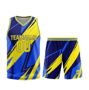 Camiseta de Baloncesto Personalizada con Cuello en V, Sin Mangas, Sublimada, de Malla Transpirable, Unisex para Adultos, con Estampado Geométrico, Nombre del Equipo 00, Amarillo y Azul - Product Image 1