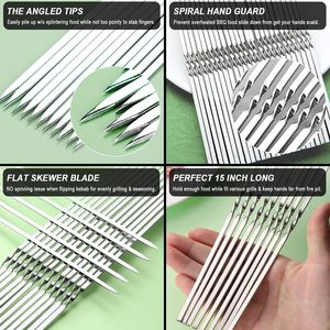 Lot de 30 brochettes plates en acier inoxydable de 15 pouces, avec tube de rangement portable en métal, réutilisables, pour shish kebab, viande et volaille - Product Image 4