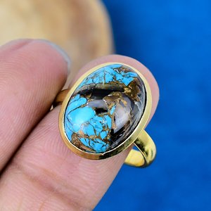 Natural Handmade Black Shell Copper Turquoise Oval Shape Gemstone <b>Ring</b> 18k Gold Micron Over 925 Sterling Silver <b>Ring</b> - Product Image 3