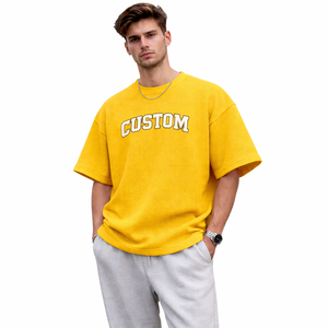 เสื้อยืดโอเวอร์ไซส์ทรงวาฟเฟิลทันสมัยสำหรับผู้ชาย สกรีนโลโก้ได้ ไหล่ตก ผ้าคอตตอนเนื้อสัมผัสพิเศษ สไตล์สตรีทแวร์ลำลอง เสื้อยืดเปล่าสำหรับผู้ชาย - Product Image 1