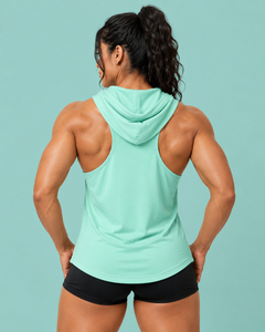 Camiseta sin mangas con capucha y logo frontal transpirable para mujer, top deportivo de alta calidad, chaleco deportivo con espalda cruzada, sudadera con capucha tipo stringer - Product Image 2