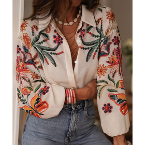 Blusas de Manga Larga para Mujer, Elegantes y Casuales, Cuello en V, Estampado Floral, Plisadas, Holgadas, para el Trabajo, 100% Seda - Product Image 5