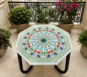Mesa de Centro Octogonal de Mármol con Incrustaciones Art Deco, Hecha a Mano y Ecológica, con Mosaico Floral Pietra Dura, Superficie de Mármol Blanco para Oficina - Product Image 1