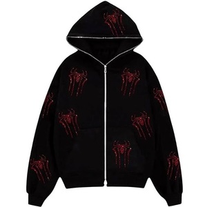 Fashionable Oversized Down Shoulder Skeleton Skull Pattern Printing Hoodies Rhinestones Zipper Pullover Hooded Breathable - Product Image 4
