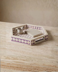 Plateau de service rectangulaire décoratif en bois, fait main, de luxe, avec incrustations en os violettes, pour petit-déjeuner, thé, café, ottoman, ou plateau de vanité, motif géométrique - Product Image 5