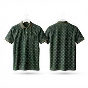 เสื้อโปโลผู้ชายสีเขียวลายจุดแบบสั่งทำพิเศษ มีกระเป๋า ขอบสีดำเรียบหรู แขนสั้น ผ้าฝ้ายลำลอง สำหรับเล่นกอล์ฟ ใส่ได้ในฤดูร้อน - Product Image 1
