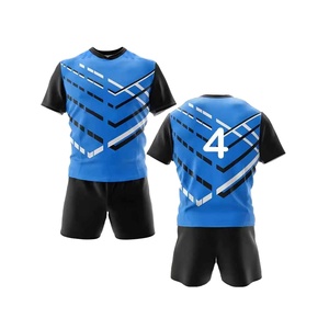Conjunto de Uniforme de Fútbol Personalizado Azul y Negro para Hombre, Manga Corta, Transpirable, Antibacterial, de Poliéster Elástico - Product Image 1