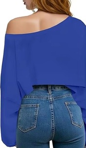 Women's Off Shoulder Batwing Sleeve Crop <b>Top</b> Solid Blue Knitted Casual Summer Style <b>Pumpkin</b> Pattern Winter Style Anti Pilling - Product Image 5