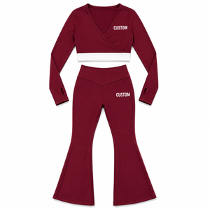 Customised Logo <b>Women</b> 2 Piece Yoga Set Long Sleeve Wrap V Neck Crop Top Cross V Waist <b>Flare</b> <b>Leggings</b> Gym Athleisure Activewear - Product Image 3