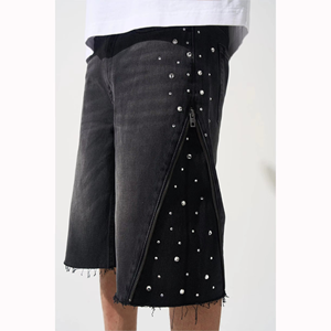 Mens Black Rhinestone Denim <b>Shorts</b> Baggy Jorts Stretch Cotton Distressed Raw Hem Streetwear Zipper Detail <b>Shorts</b> - Product Image 3
