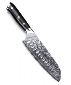 Couteau de cuisine Santoku en acier Damas, manche noir G10, bord Granton, mosaïque florale, outil culinaire - Product Image 6