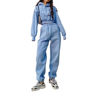 Survêtement à capuche bleu clair pour femme, coupe ample, décontracté, couleur unie, poches latérales, taille élastique, vêtement d'automne - Product Image 1