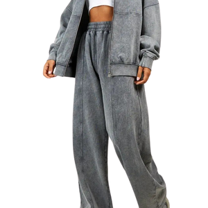 Ensemble de survêtement oversize zippé pour femme, veste décontractée et pantalon large à taille élastique avec poches, tenue décontractée deux pièces pour la détente, vente en gros - Product Image 6