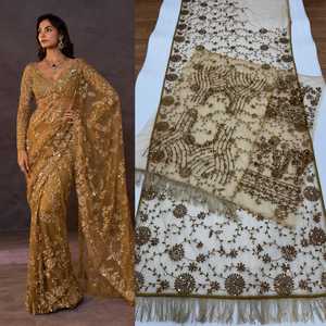 Elegante Saree de Seda Dorada con Bordado Floral, Largo hasta el Suelo, Corte Regular para Mujer, Ropa de Boda, India, Pakistán, Todas las Temporadas - Product Image 3