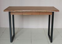 Bureau d'écriture moderne avec plateau en teck massif à bord naturel, 1 tiroir et pieds en métal pour appartement, salon et hôtel
