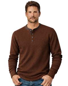Camiseta Térmica de Manga Larga para Hombre, Estilo Henley, Color Marrón Oscuro, Cuello con Botones, Prenda Casual de Invierno, Algodón, Corte Ajustado, Tejido Transpirable - Product Image 1