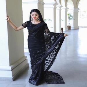 Nouvelle collection de saris noirs en soie de coton doux avec manches complètes vêtements de mariage pour femmes filles vêtements indiens et pakistanais - Product Image 5