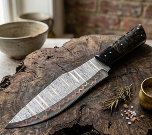 Couteau de cuisine artisanal en acier damas cuivré de qualité industrielle avec manche en bois et étui en cuir pour le camping en plein air - Product Image 1