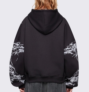Sweat-shirt à capuche noir zippé pour femme, imprimé abstrait gothique, style streetwear, écologique, automne-hiver, vente en gros - Product Image 2