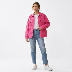Men's Pink Denim <b>Jacket</b> Regular Fit Solid Color Button Closure Casual Style Autumn Wear - Product Image 5
