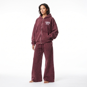 Hot Selling Women’s Full <b>Zip</b> Hoodie Acid Wash Distressed Wide Leg Flared <b>Jogger</b> Cotton Fleece Breathable Two Piece - Product Image 2