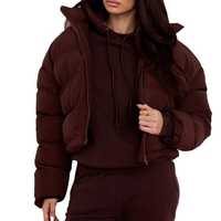 Blouson matelassé à capuche coupe-vent décontracté pour l'hiver, fermeture éclair courte, unisexe, coupe régulière, couleur unie, rembourrage épais en polyester