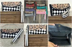 Cartera de Mujer de Cuero Vacuno Genuino, Estilo Western, Hecha a Mano, con Diseño a Cuadros de Diamantes y Solapa con Grabado Floral - Product Image 3