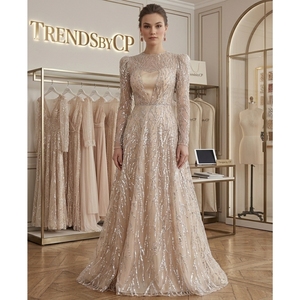 TrendsbyCP Luxury Champagne <b>Sequin</b> Evening Gown O-Neck A-Line Silhouette Handmade Embroidery Regular Sleeve Formal Maxi - Product Image 2