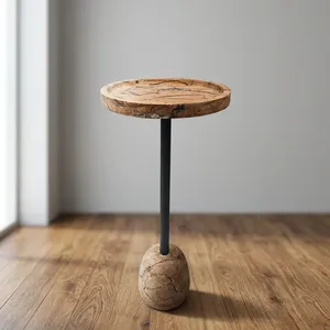 Modern <b>Round</b> Wooden Top <b>Side</b> <b>Table</b> with Marble Base and <b>Black</b> Metal Pedestal Contemporary Accent Furniture for Living Room Decor - Product Image 3