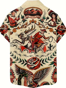 เสื้อยืดผู้ชายลายดอกไม้สไตล์วินเทจ พร้อมลายกุหลาบและมังกร ผ้าฝ้ายทอ แขนสั้น ระบายอากาศได้ดี เหมาะสำหรับฤดูร้อน - Product Image 4