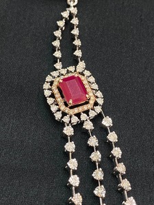 14K Rose White Gold Lab Grown <b>Ruby</b> Multi Strand <b>Necklace</b> | IGI Certified Rhodium Plated Luxury 3-Layer Red <b>Ruby</b> Halo Wedding - Product Image 4