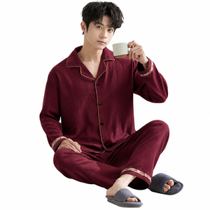 <b>Men's</b> Blue Short Sleeve 100% Cotton UPF 50+ <b>Pajama</b> <b>Set</b> Solid Color Button Front Casual Sleepwear Winter Season Wear 220g - Product Image 3