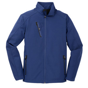 Chaqueta de hombre azul de softshell, cuello alto, cierre de cremallera, resistente al viento, informal, para otoño, corte regular, color sólido. - Product Image 1