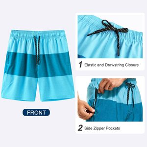 Men Color Blocked Board Shorts Quick Dry Drawstring <b>Mid</b> Waist Casual Swimwear Blue 100% Polyester Canvas - Product Image 5